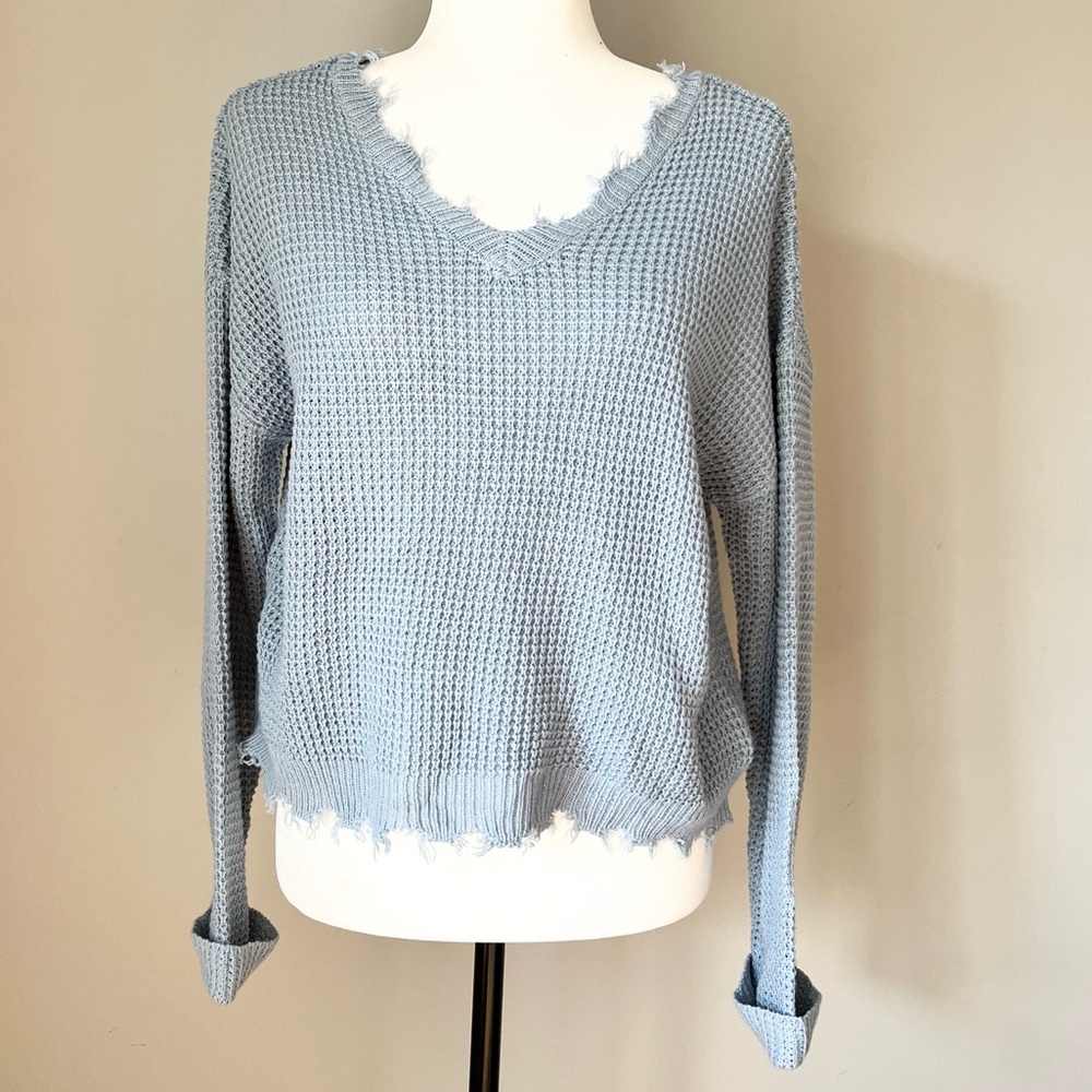 Moon & Madison Frayed V Neck Sweater
